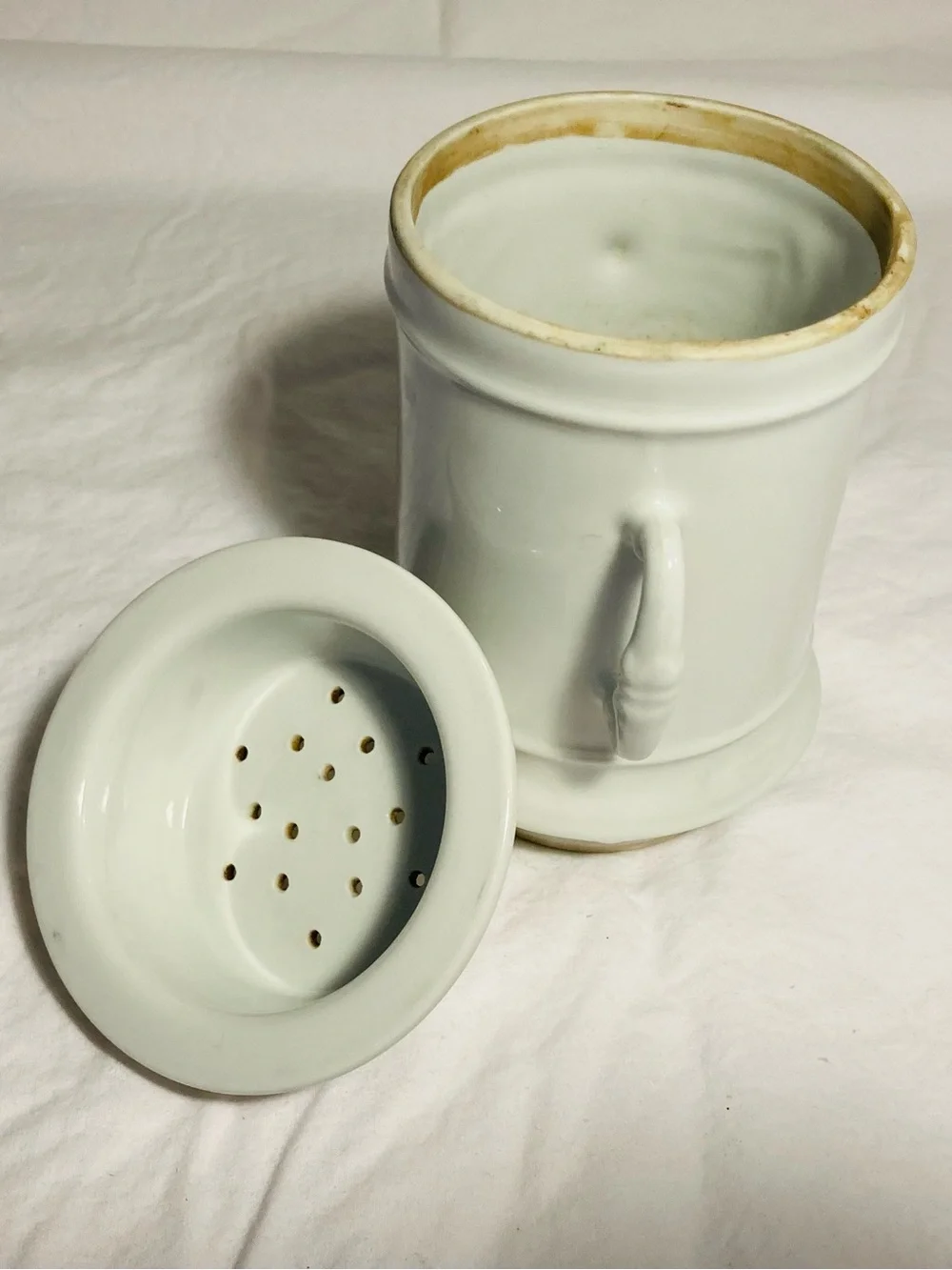 Vintage porcelain coffee/tea drip strainer with large two handle mug/cup